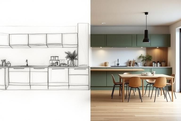 Designskiss av kök bredvid ett färdigt, modernt skandinaviskt kök